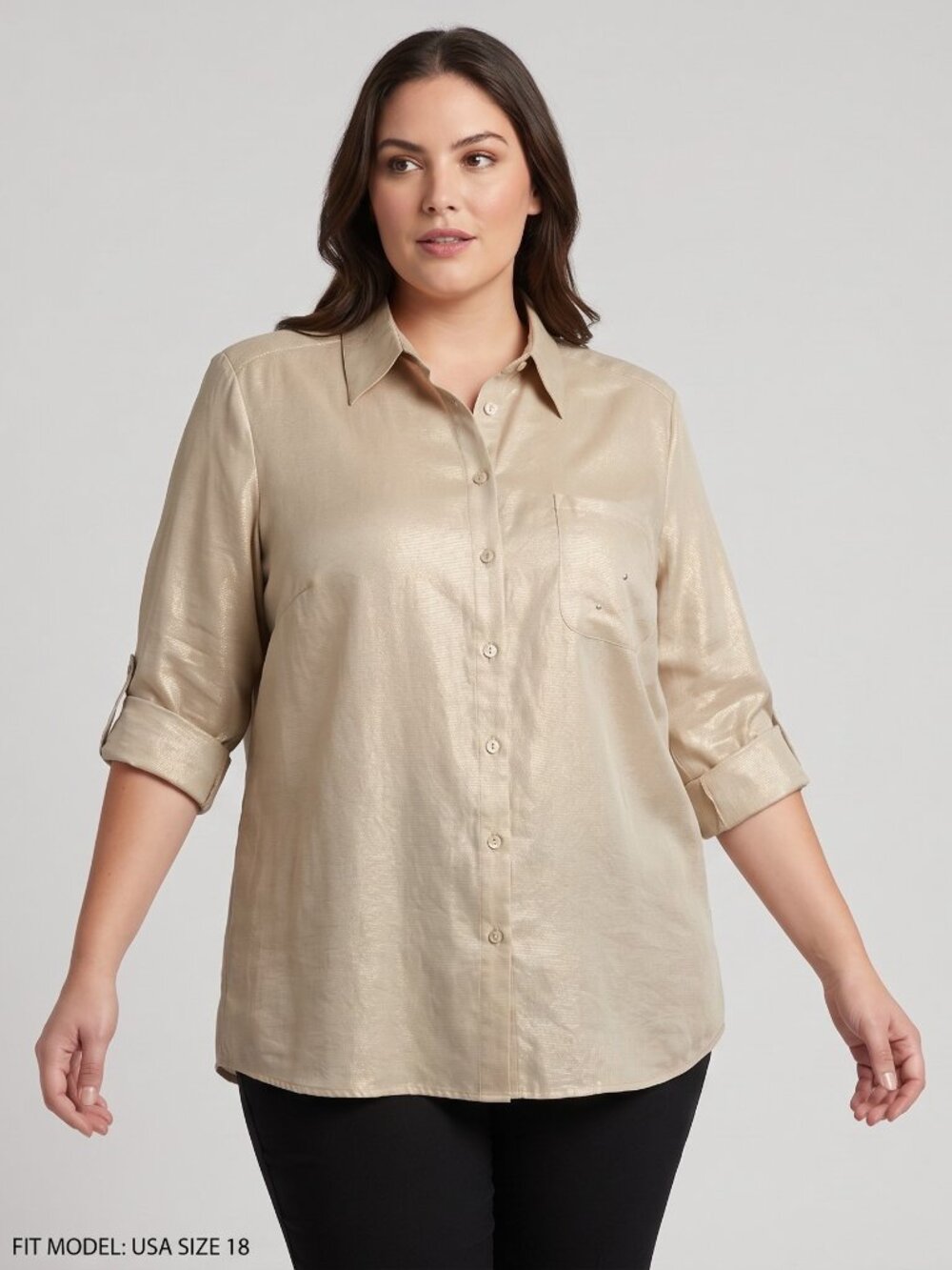 Eugen Klein Champagne Metallic Shimmer Cotton Tab Sleeve Blouse Top USA 18